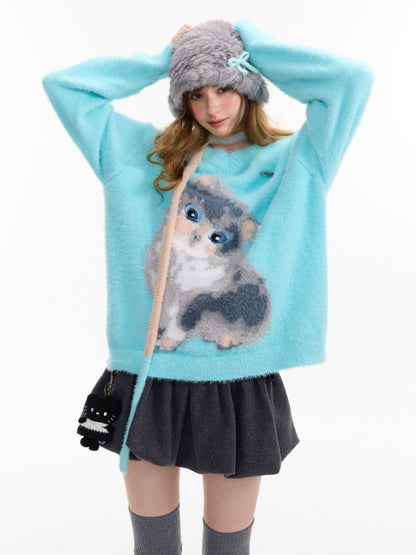 American Design Sense Polo V-Neck Cat Print Lazy Wind Soft Glutinous Sweater【s0000014763】
