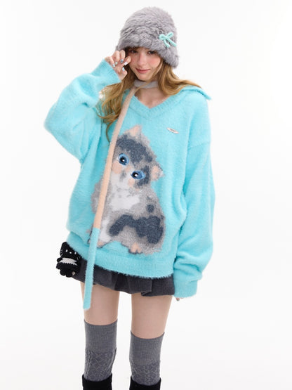 American Design Sense Polo V-Neck Cat Print Lazy Wind Soft Glutinous Sweater【s0000014763】