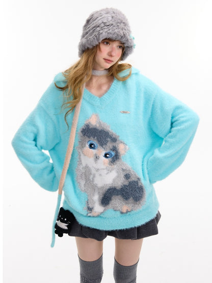 American Design Sense Polo V-Neck Cat Print Lazy Wind Soft Glutinous Sweater【s0000014763】