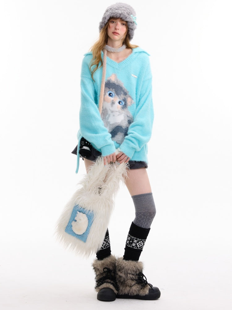 American Design Sense Polo V-Neck Cat Print Lazy Wind Soft Glutinous Sweater【s0000014763】