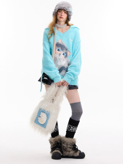 American Design Sense Polo V-Neck Cat Print Lazy Wind Soft Glutinous Sweater【s0000014763】