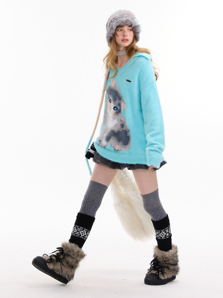 American Design Sense Polo V-Neck Cat Print Lazy Wind Soft Glutinous Sweater【s0000014763】