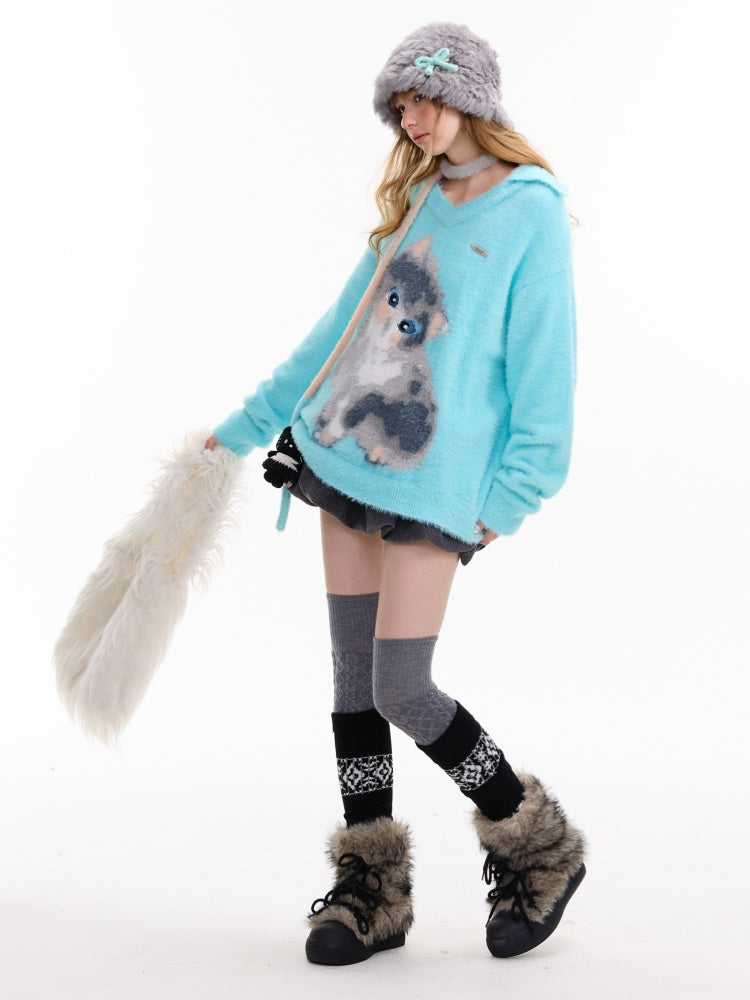 American Design Sense Polo V-Neck Cat Print Lazy Wind Soft Glutinous Sweater【s0000014763】