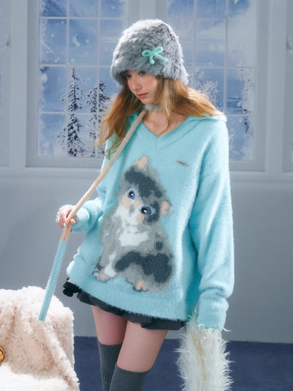 American Design Sense Polo V-Neck Cat Print Lazy Wind Soft Glutinous Sweater【s0000014763】