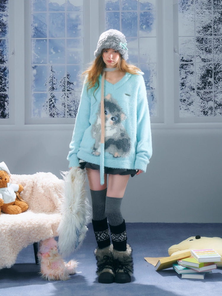 American Design Sense Polo V-Neck Cat Print Lazy Wind Soft Glutinous Sweater【s0000014763】