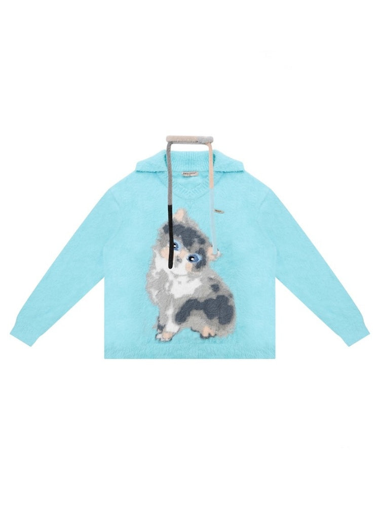 American Design Sense Polo V-Neck Cat Print Lazy Wind Soft Glutinous Sweater【s0000014763】