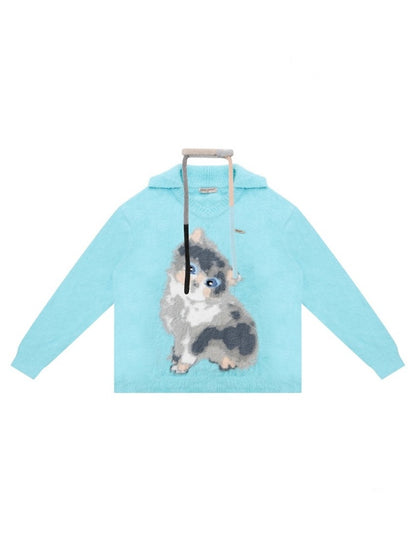American Design Sense Polo V-Neck Cat Print Lazy Wind Soft Glutinous Sweater【s0000014763】