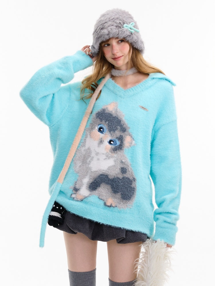 American Design Sense Polo V-Neck Cat Print Lazy Wind Soft Glutinous Sweater【s0000014763】