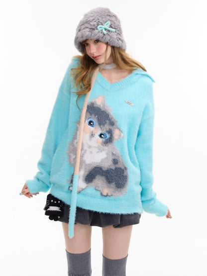 American Design Sense Polo V-Neck Cat Print Lazy Wind Soft Glutinous Sweater【s0000014763】