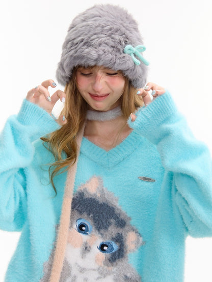 American Design Sense Polo V-Neck Cat Print Lazy Wind Soft Glutinous Sweater【s0000014763】