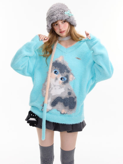 American Design Sense Polo V-Neck Cat Print Lazy Wind Soft Glutinous Sweater【s0000014763】