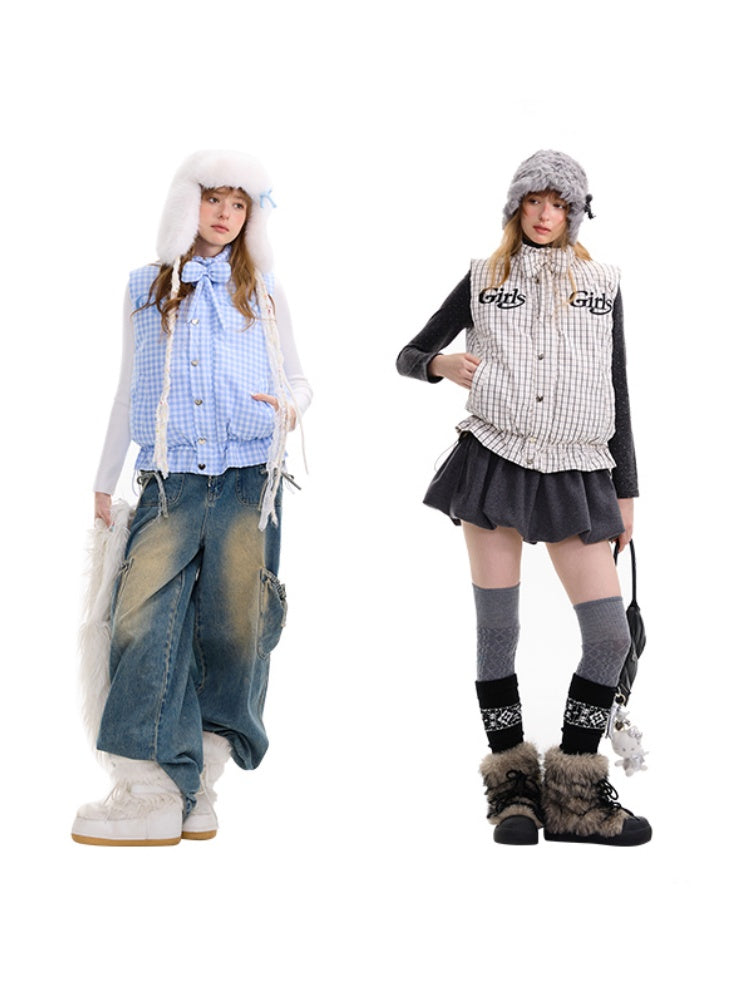 American Design Letter Embroidery Slimming Thickened Plaid Cotton Jacket【s0000014765】