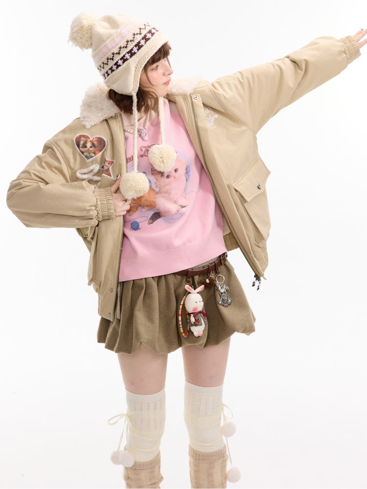American Design Sense Cat Pattern Fur Collar Workwear Style Slimming Cotton Jacket【s0000014766】