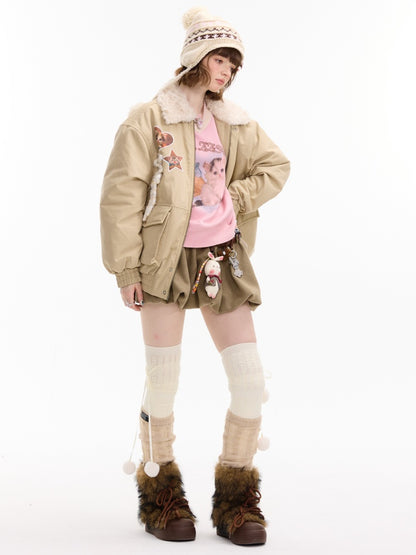 American Design Sense Cat Pattern Fur Collar Workwear Style Slimming Cotton Jacket【s0000014766】