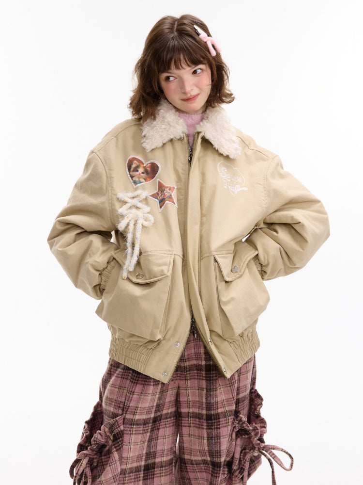 American Design Sense Cat Pattern Fur Collar Workwear Style Slimming Cotton Jacket【s0000014766】