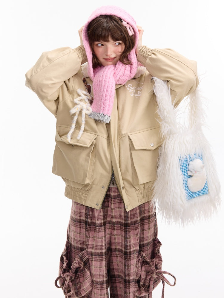 American Design Sense Cat Pattern Fur Collar Workwear Style Slimming Cotton Jacket【s0000014766】