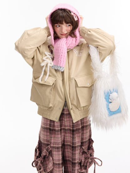American Design Sense Cat Pattern Fur Collar Workwear Style Slimming Cotton Jacket【s0000014766】