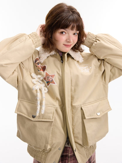 American Design Sense Cat Pattern Fur Collar Workwear Style Slimming Cotton Jacket【s0000014766】