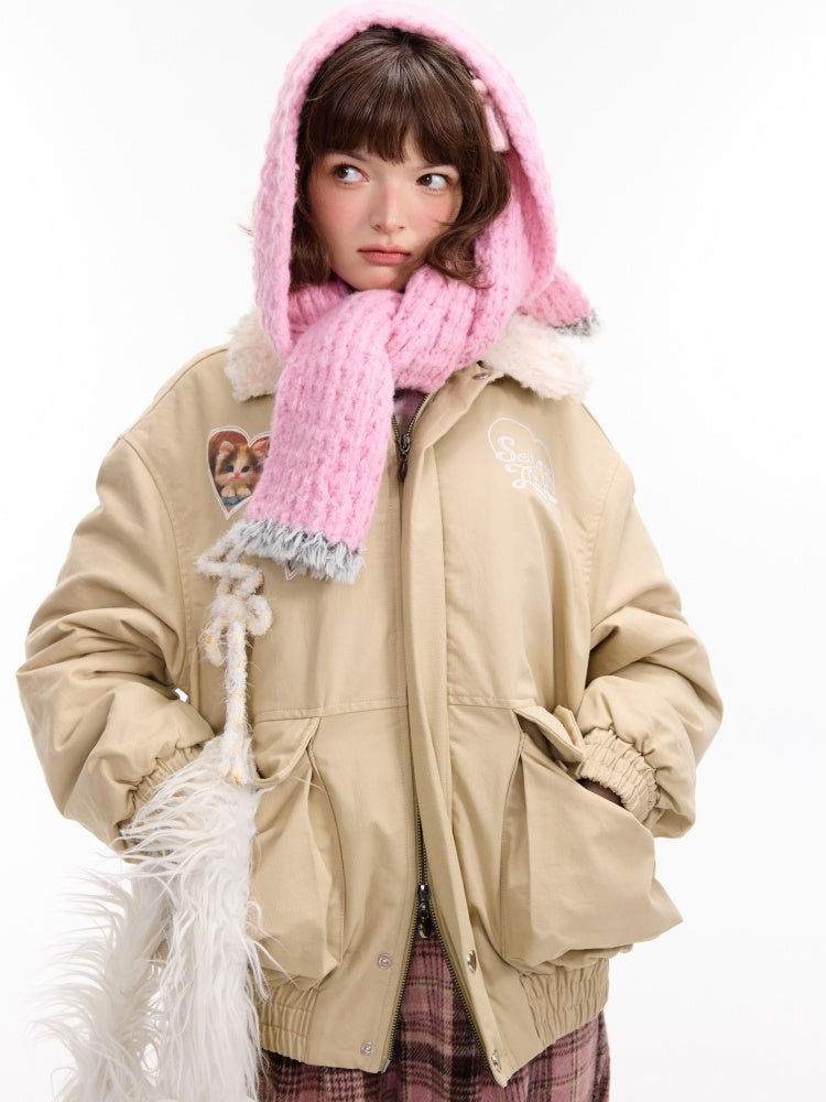 American Design Sense Cat Pattern Fur Collar Workwear Style Slimming Cotton Jacket【s0000014766】