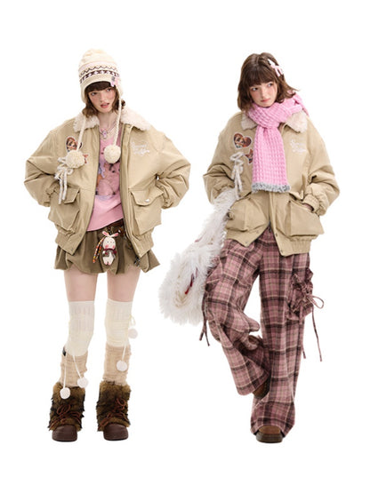 American Design Sense Cat Pattern Fur Collar Workwear Style Slimming Cotton Jacket【s0000014766】