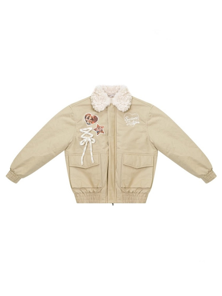 American Design Sense Cat Pattern Fur Collar Workwear Style Slimming Cotton Jacket【s0000014766】