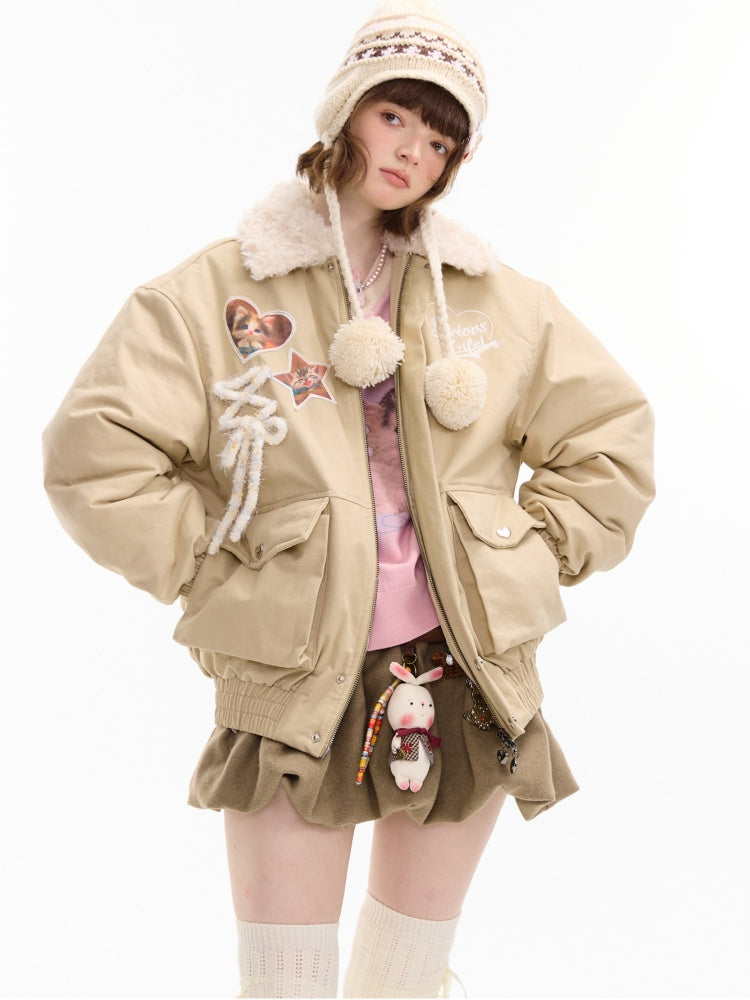 American Design Sense Cat Pattern Fur Collar Workwear Style Slimming Cotton Jacket【s0000014766】
