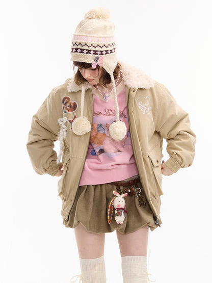 American Design Sense Cat Pattern Fur Collar Workwear Style Slimming Cotton Jacket【s0000014766】