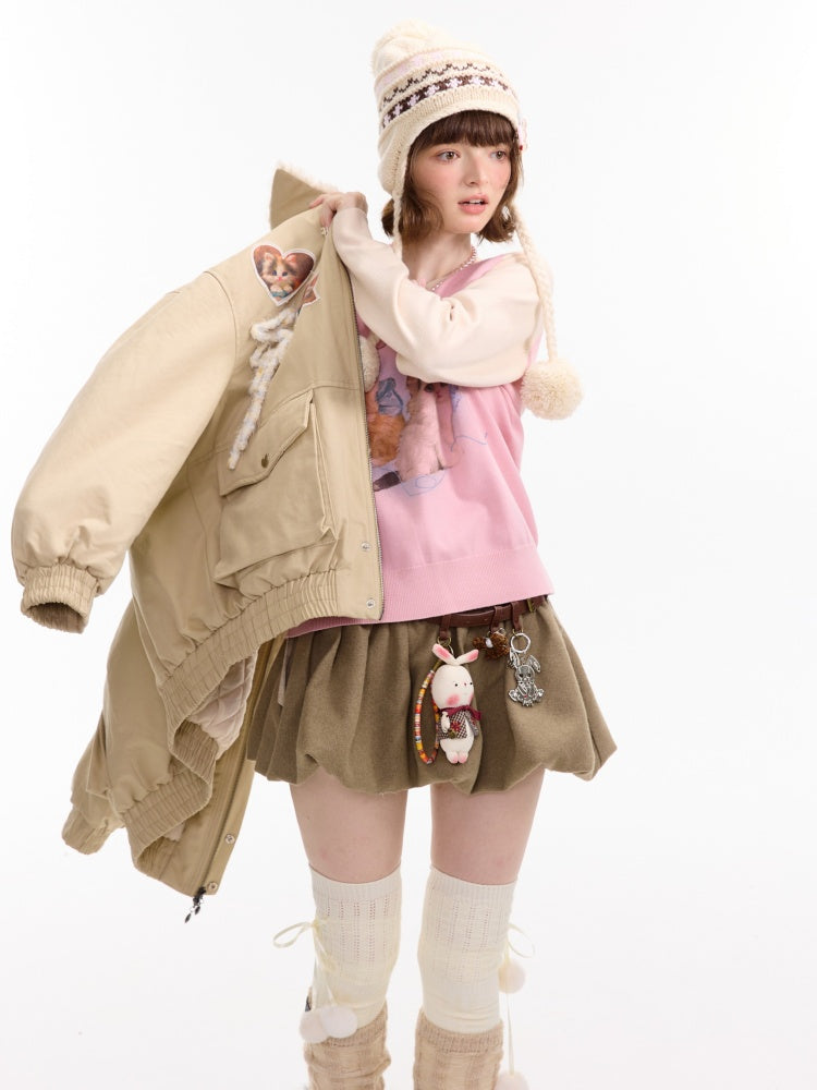 American Design Sense Cat Pattern Fur Collar Workwear Style Slimming Cotton Jacket【s0000014766】
