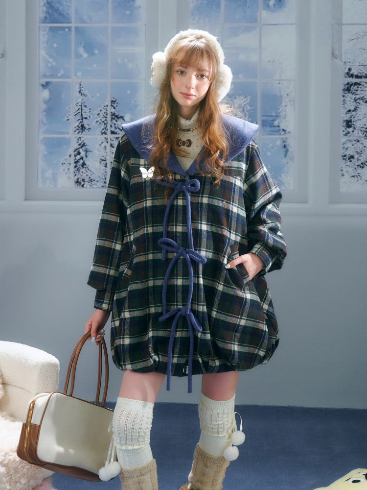 Doll Lapel Pocket Hem Mid-Length Plaid Woolen Coat Jacket【s0000014767】