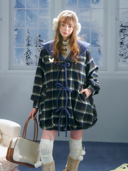 Doll Lapel Pocket Hem Mid-Length Plaid Woolen Coat Jacket【s0000014767】