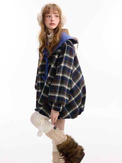Doll Lapel Pocket Hem Mid-Length Plaid Woolen Coat Jacket【s0000014767】