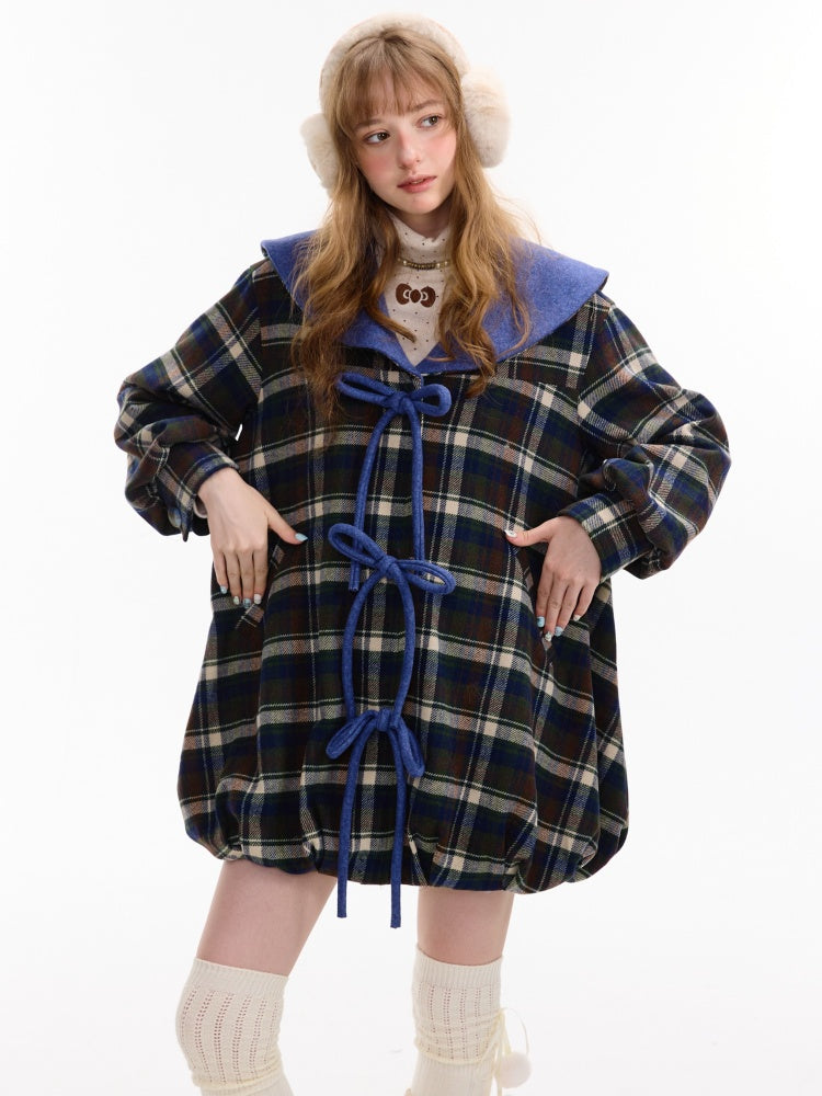 Doll Lapel Pocket Hem Mid-Length Plaid Woolen Coat Jacket【s0000014767】