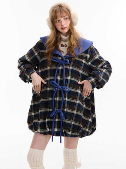 Doll Lapel Pocket Hem Mid-Length Plaid Woolen Coat Jacket【s0000014767】