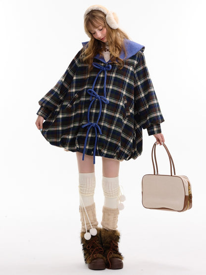 Doll Lapel Pocket Hem Mid-Length Plaid Woolen Coat Jacket【s0000014767】
