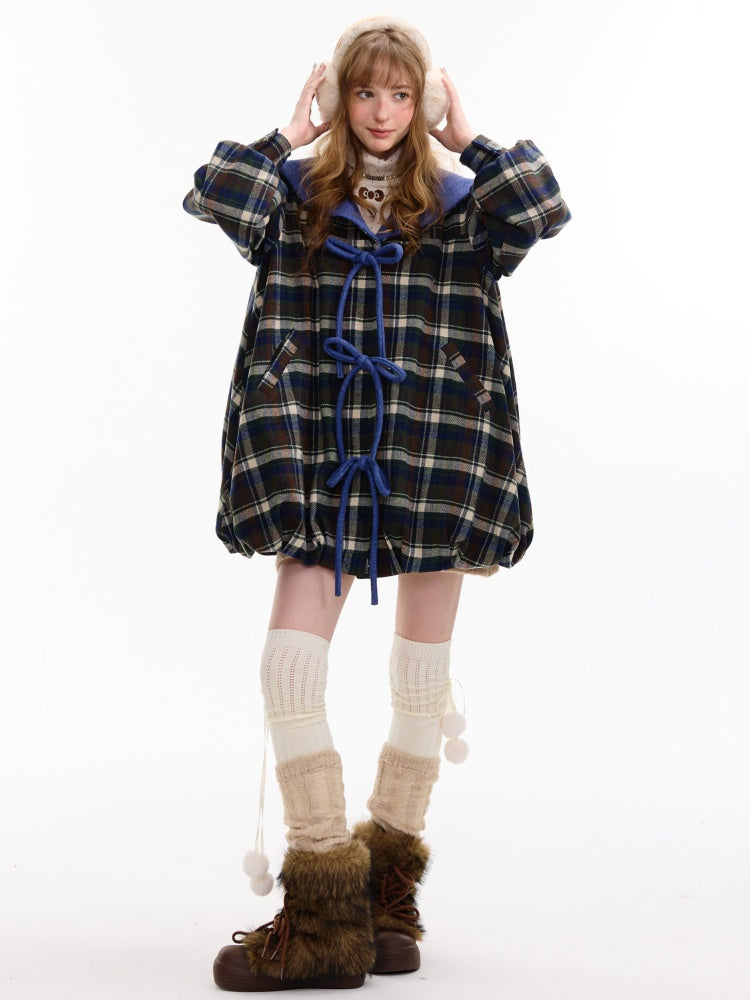 Doll Lapel Pocket Hem Mid-Length Plaid Woolen Coat Jacket【s0000014767】