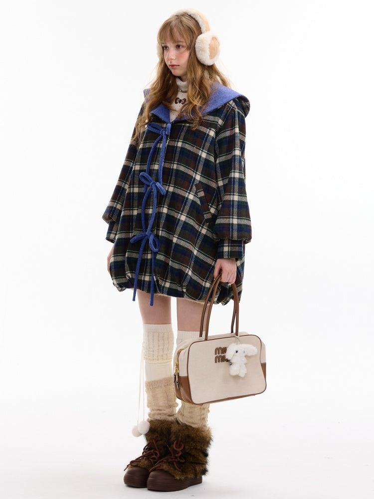 Doll Lapel Pocket Hem Mid-Length Plaid Woolen Coat Jacket【s0000014767】