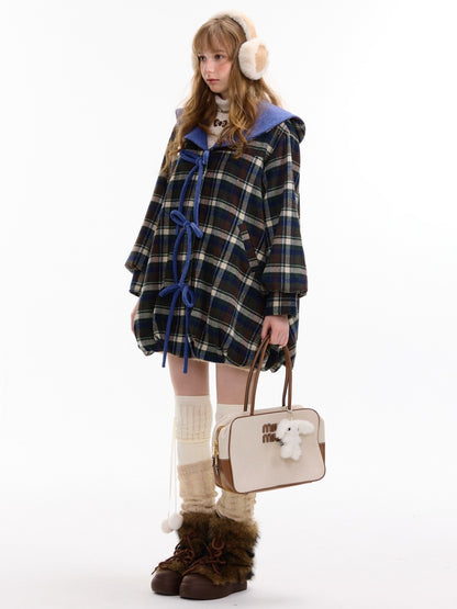 Doll Lapel Pocket Hem Mid-Length Plaid Woolen Coat Jacket【s0000014767】