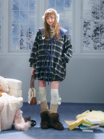 Doll Lapel Pocket Hem Mid-Length Plaid Woolen Coat Jacket【s0000014767】