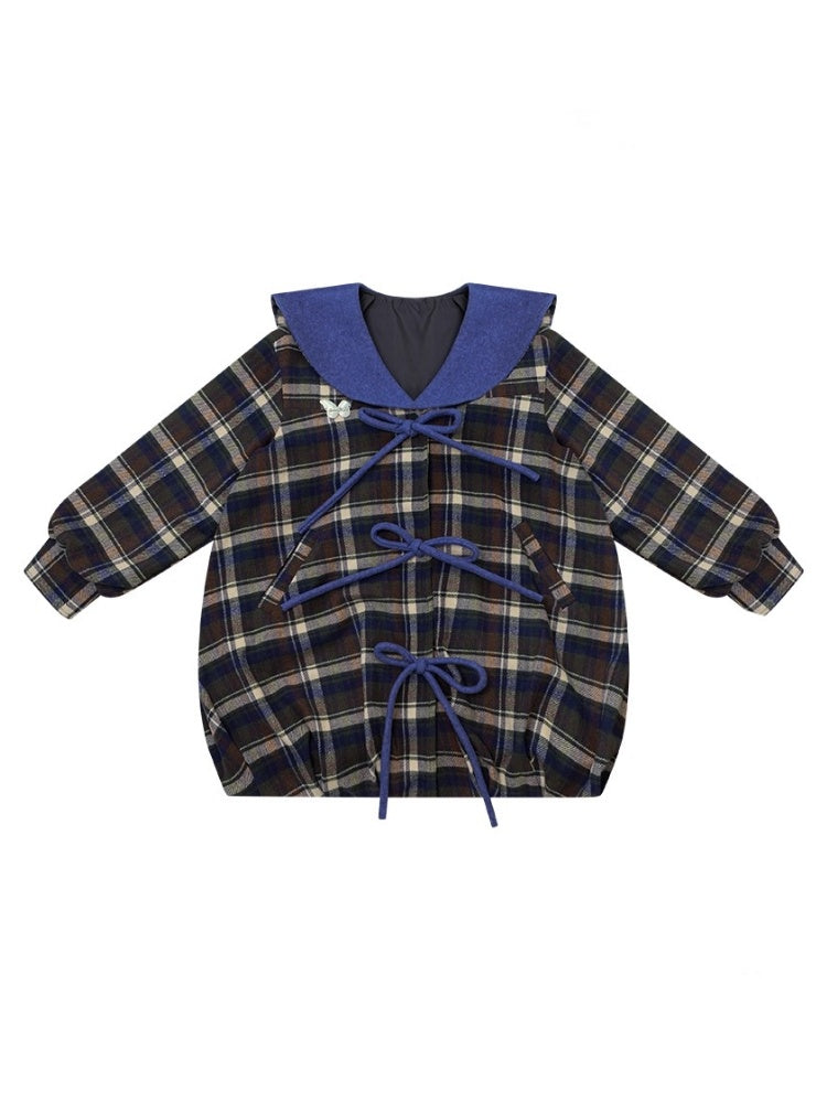 Doll Lapel Pocket Hem Mid-Length Plaid Woolen Coat Jacket【s0000014767】