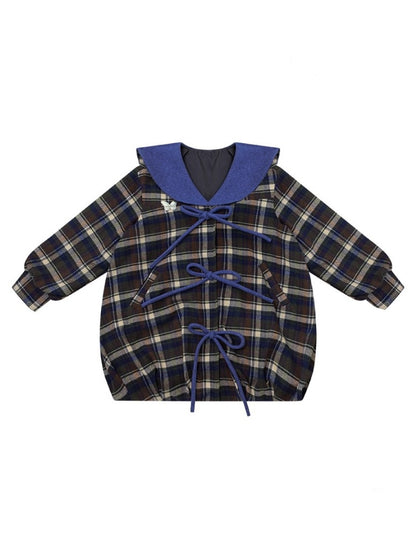 Doll Lapel Pocket Hem Mid-Length Plaid Woolen Coat Jacket【s0000014767】