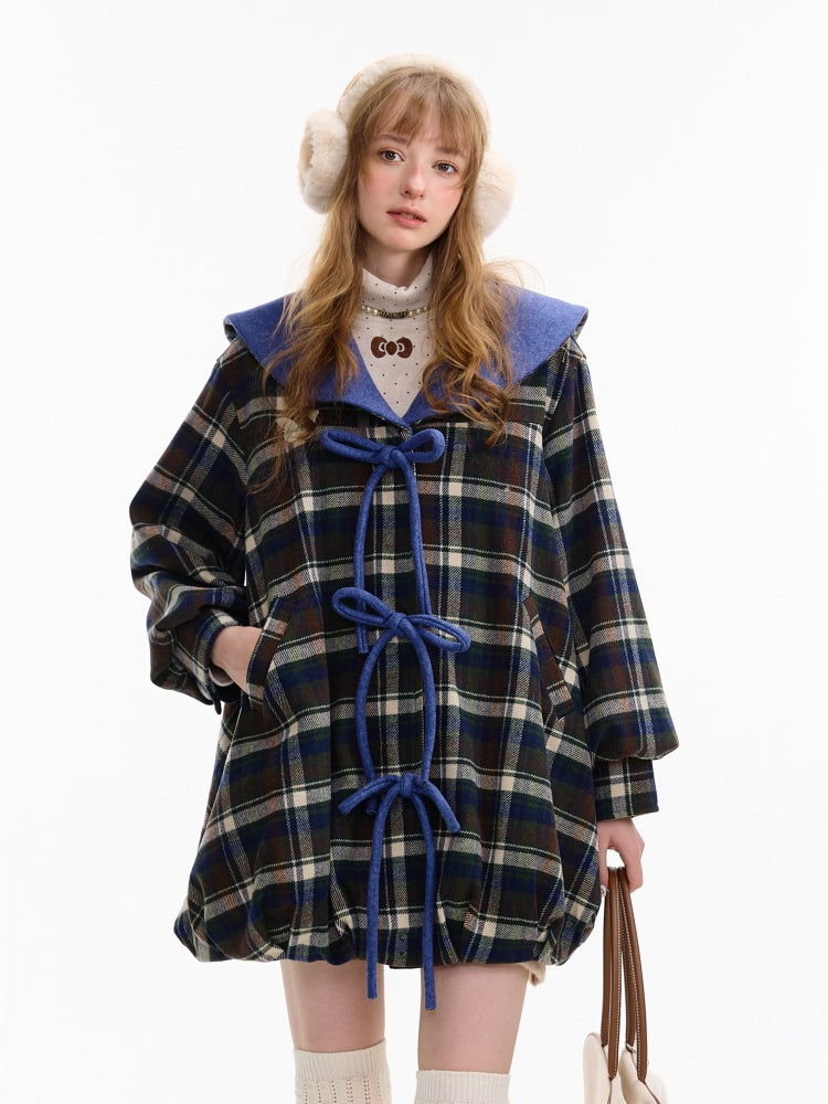 Doll Lapel Pocket Hem Mid-Length Plaid Woolen Coat Jacket【s0000014767】