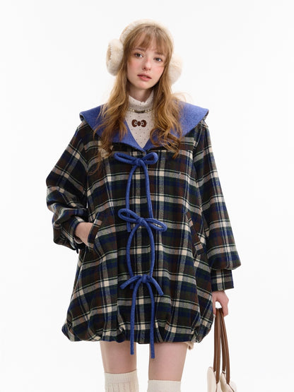 Doll Lapel Pocket Hem Mid-Length Plaid Woolen Coat Jacket【s0000014767】