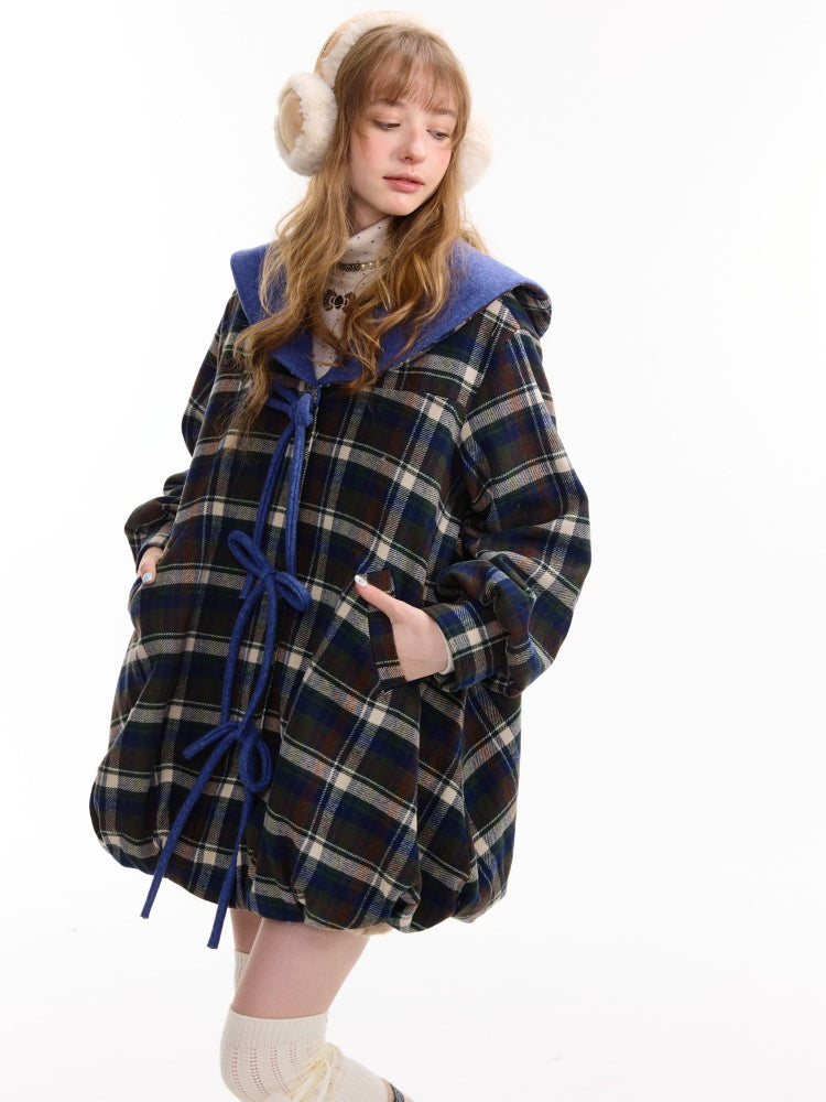 Doll Lapel Pocket Hem Mid-Length Plaid Woolen Coat Jacket【s0000014767】