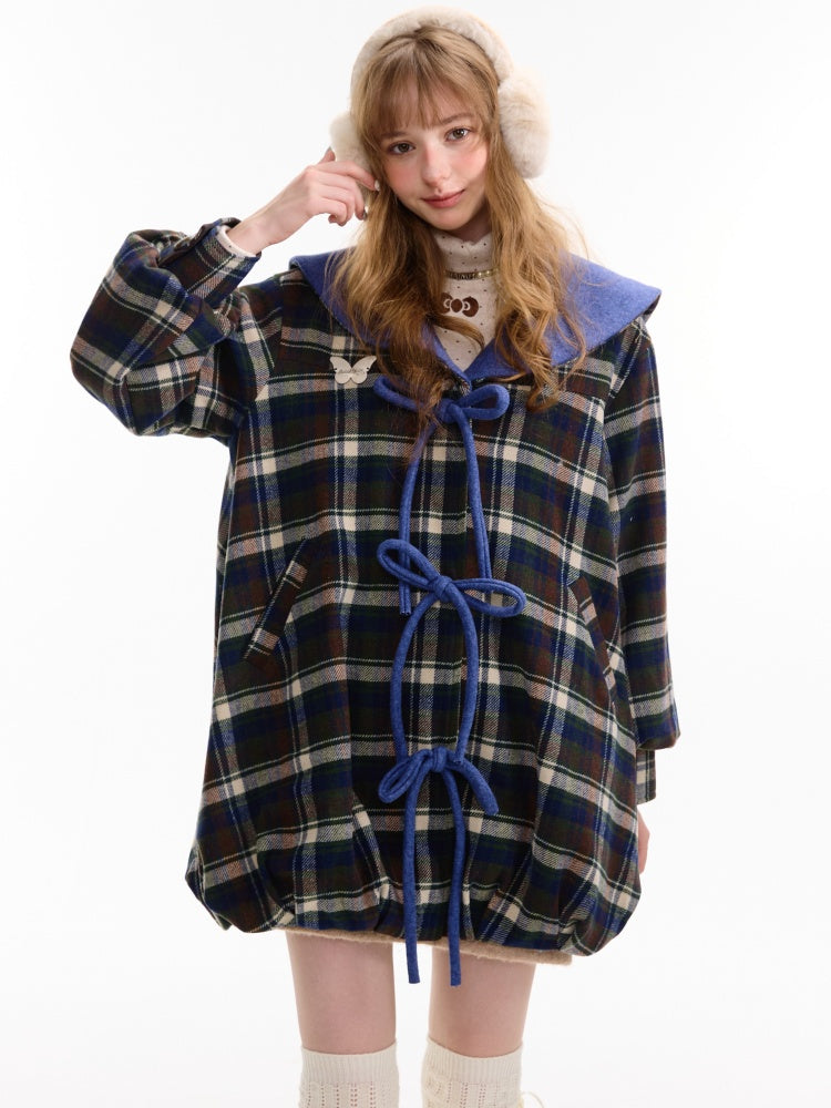 Doll Lapel Pocket Hem Mid-Length Plaid Woolen Coat Jacket【s0000014767】