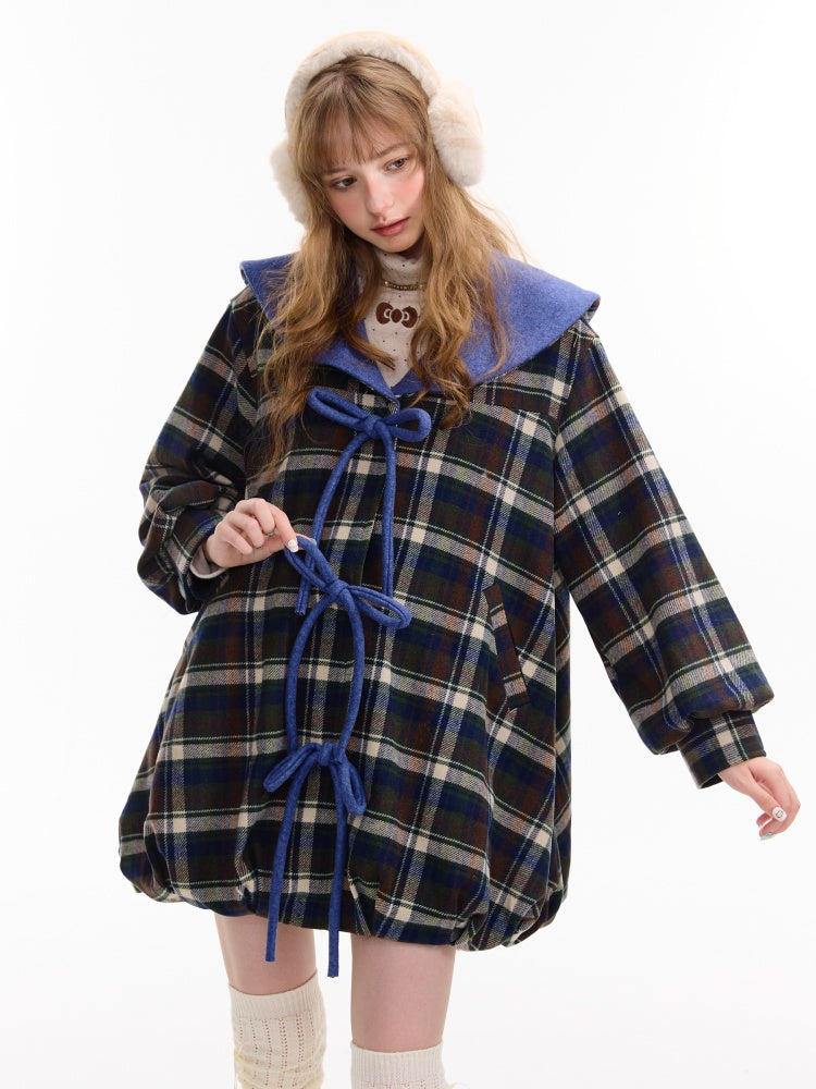 Doll Lapel Pocket Hem Mid-Length Plaid Woolen Coat Jacket【s0000014767】