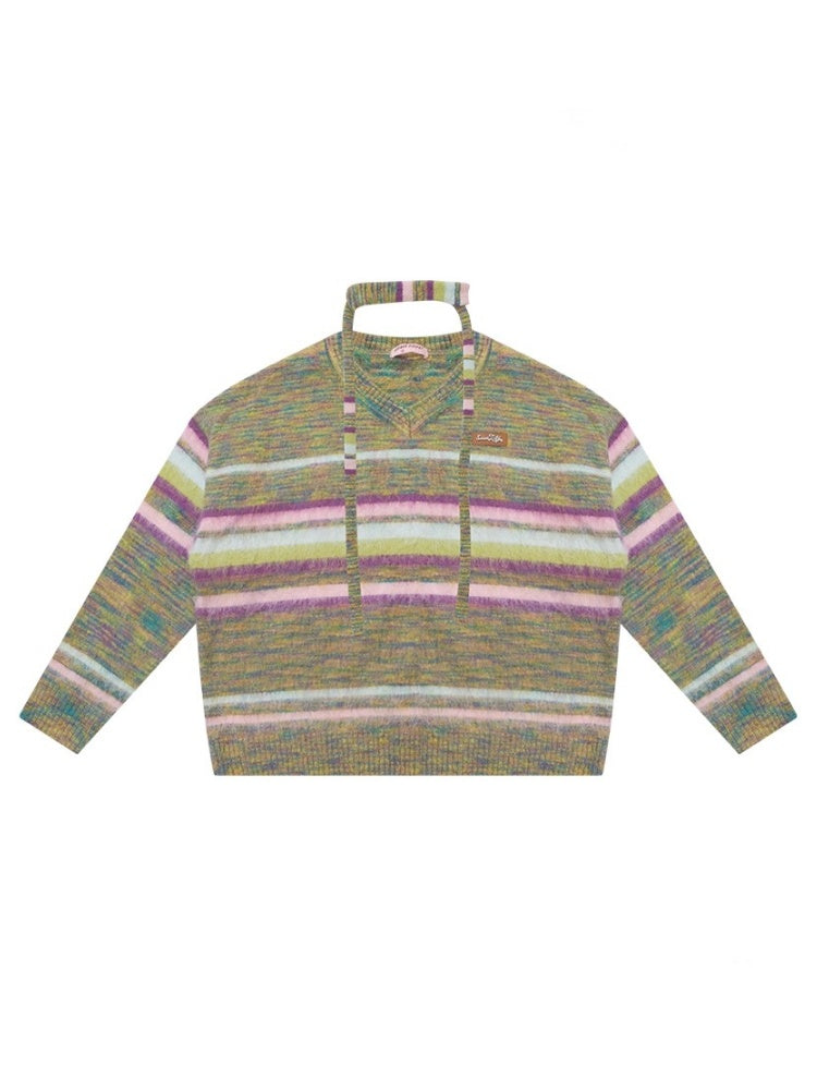 American Retro Color-Blocking Striped Soft Glutinous Lazy Style V-Neck Sweater【s0000014768】