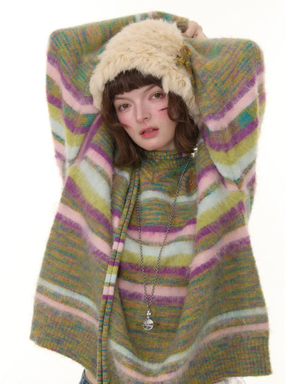 American Retro Color-Blocking Striped Soft Glutinous Lazy Style V-Neck Sweater【s0000014768】