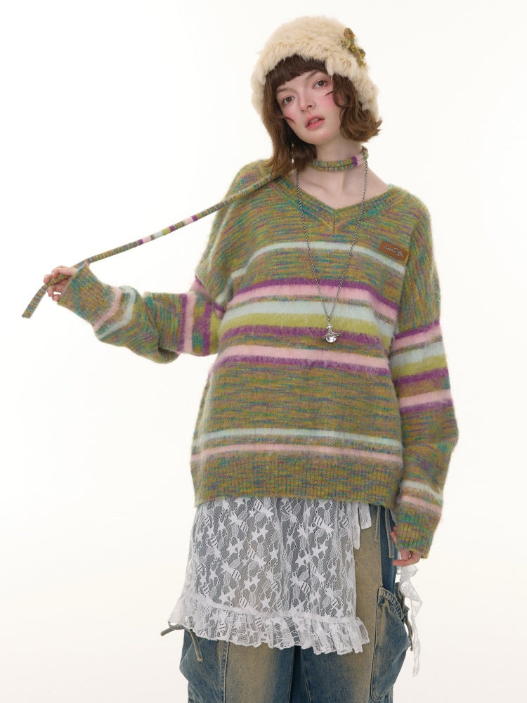 American Retro Color-Blocking Striped Soft Glutinous Lazy Style V-Neck Sweater【s0000014768】