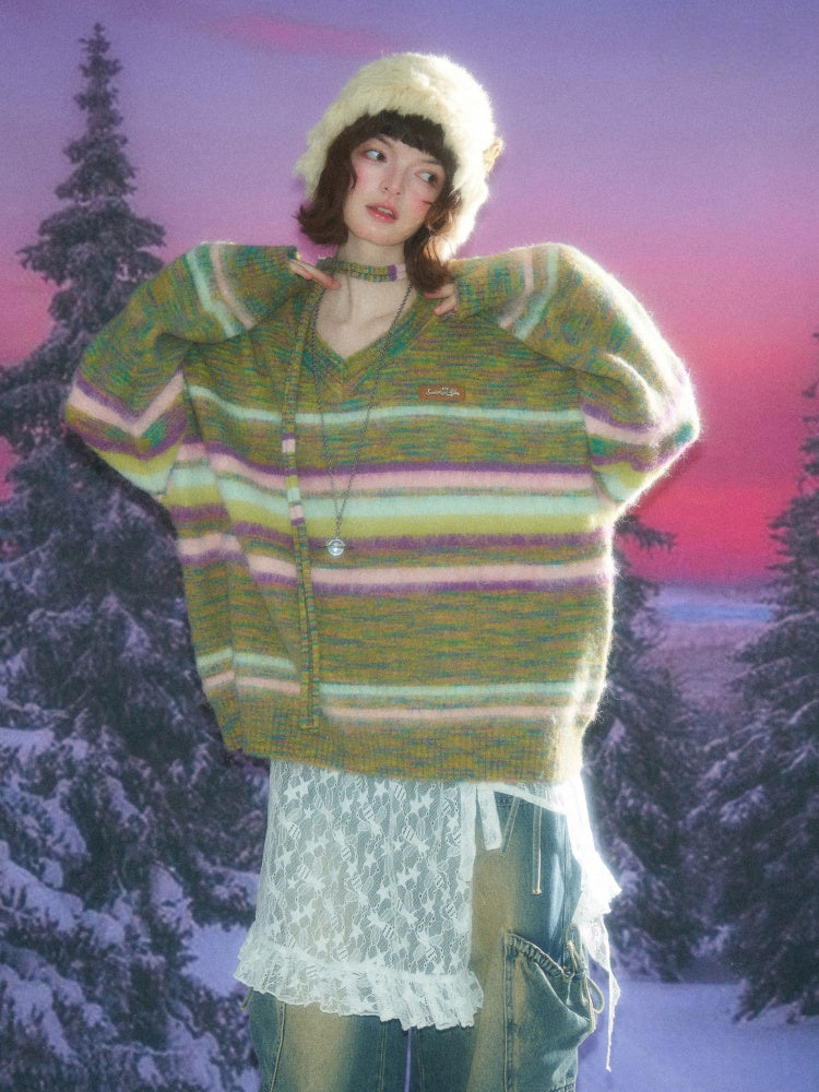 American Retro Color-Blocking Striped Soft Glutinous Lazy Style V-Neck Sweater【s0000014768】