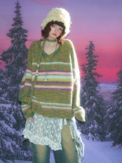 American Retro Color-Blocking Striped Soft Glutinous Lazy Style V-Neck Sweater【s0000014768】